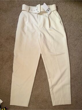 Zara Cream High-Rise Tapered Pants with Belt